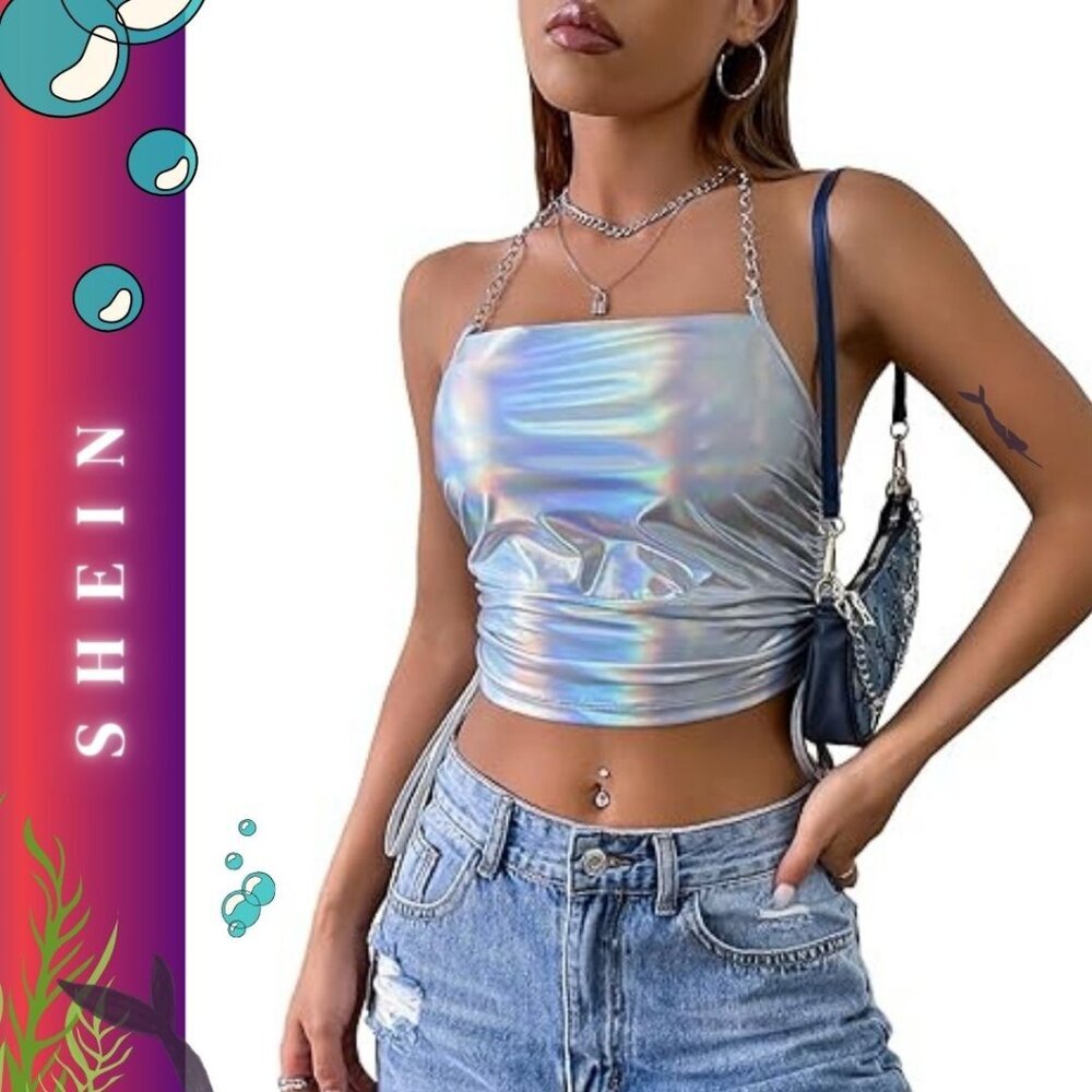 SHEIN Women's Holographic Drawstring Side Chain Strap Crop Halter Top- Large